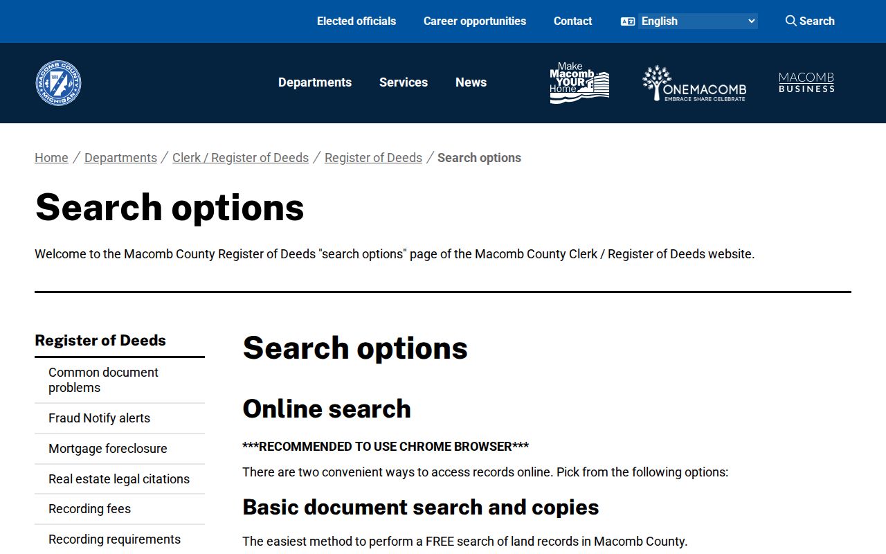 Roseville address deed-search options at the Macomb Register of Deeds