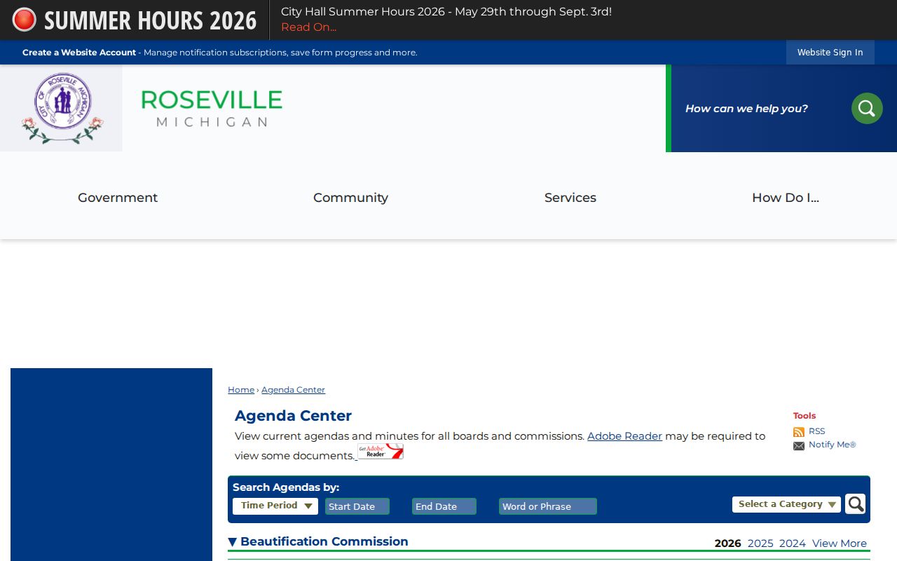 Roseville residents directory Agenda Center search fields