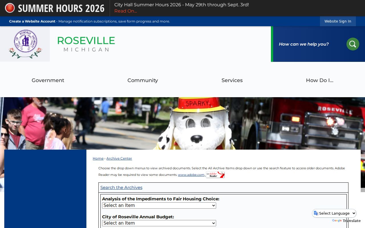 Roseville residents directory Archive Center search controls