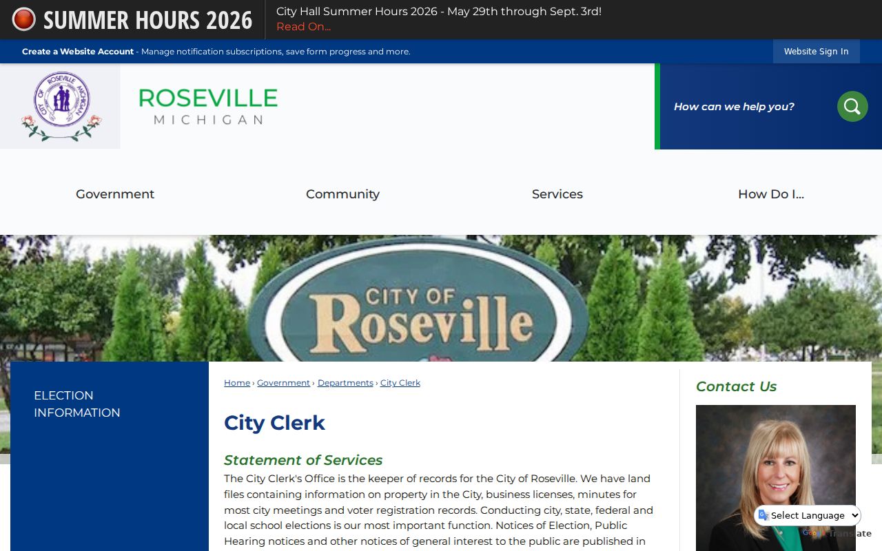 Roseville residents directory City Clerk records contact page
